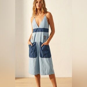 NWT! POL Premium Chambray Patchwork Midi Dress With Floral Embroidery